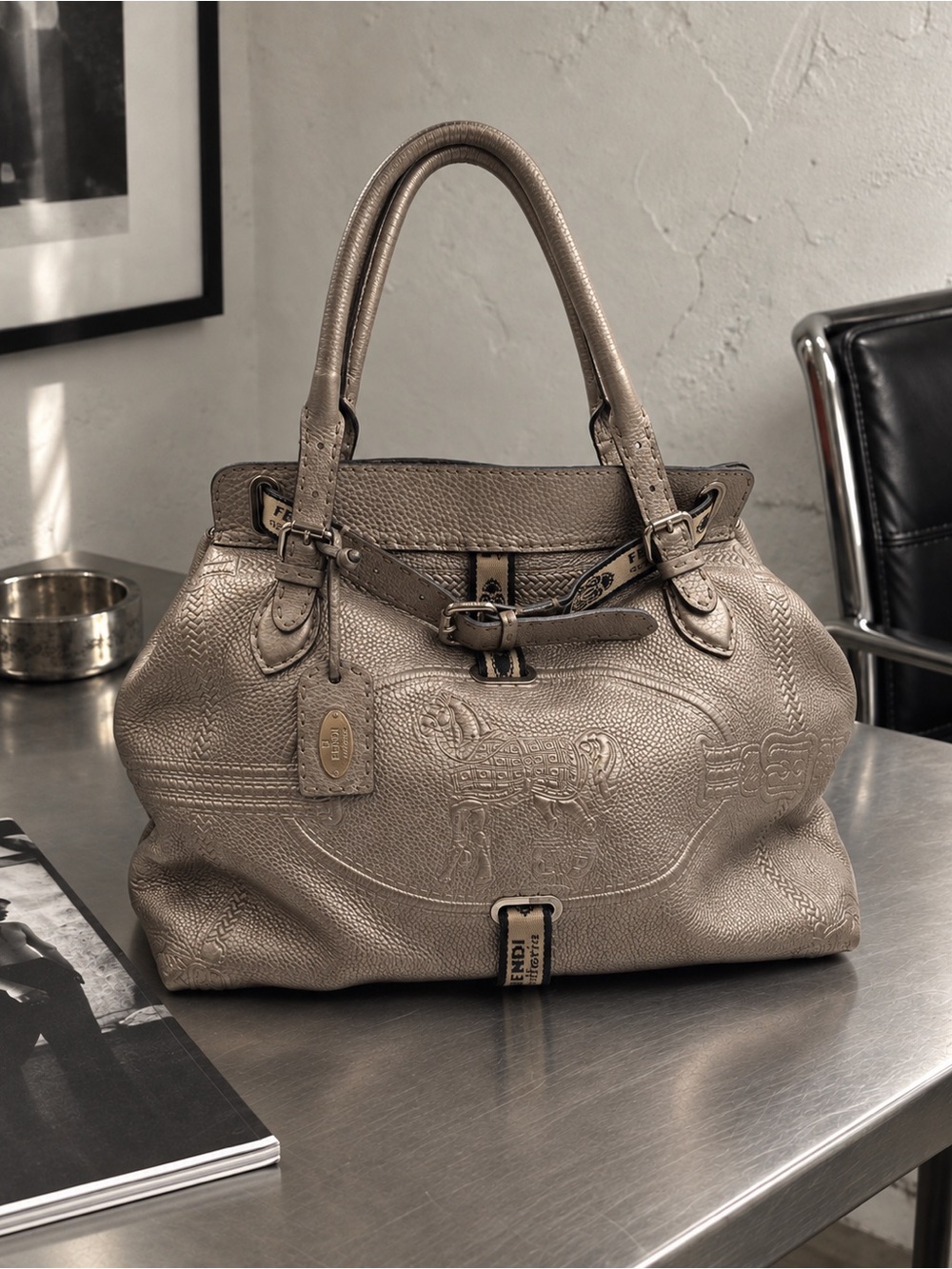 Authentic Fendi Selleria Metallic Champagne Leather Tote